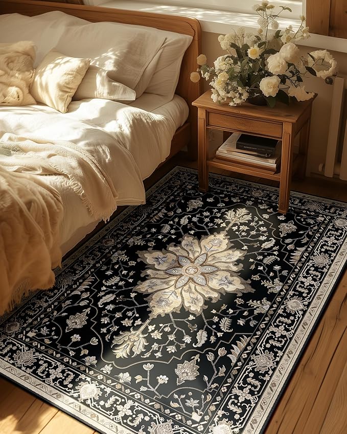 RELEANY Area Rugs 6'x9' Washable Non-Slip, Floral Vintage Distress Print Pattern Medallion Carpet for Living Room Bedroom Dining Room, Black Brown Neutral Dark Tan