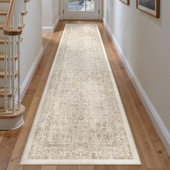 PureCozy Light Brown Runner Rug 2x12 Hallway Machine Washable Kitchen Vintage Distressed Non Slip Long Carpet Indoor Retro Floral Bedroom Accent Throw Rug for Bathroom Office Laundry Dining Room