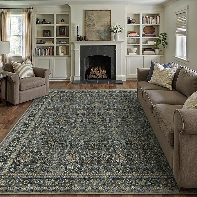 PureCozy 8x10 Area Rug for Living Room Black Vintage Washable Bedroom Carpet Traditional Distressed Soft Non Slip Indoor Large Accent Rug Retro Thin Low Pile Floor Cover for Dining Room Playroom