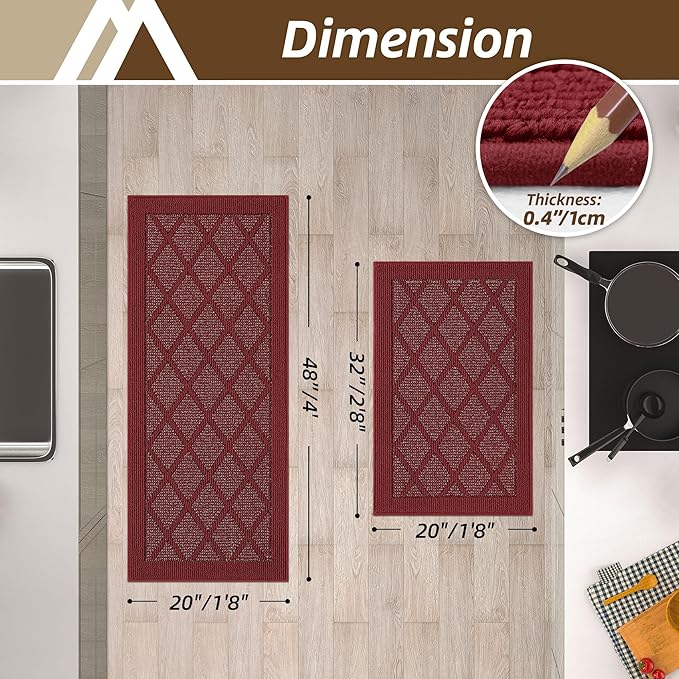 COSY HOMEER Kitchen Mats, 2 PCS Kitchen Rug Non Slip Washable, Absorbent Runner Rugs for Kitchen Floor, 100% Polypropylene Kitchen Sink Rug 20"x32" + 20"x48"(Red)
