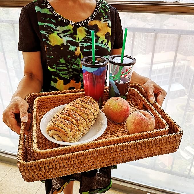 i-lan 15 Inch Large Size Handwoven Serving Tray, Decorative Rectangular Rattan Basket Bread Trays with Handles and 2.3”Wall, Vintage Organizer Plate Wicker Basket Tray for Dessert, Snack, Candy, L