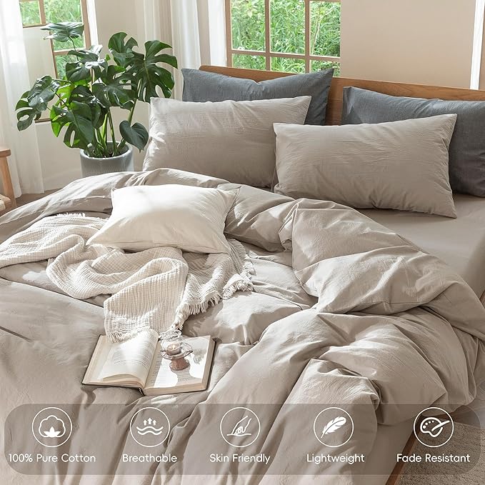 MooMee Bedding Duvet Cover Set 100% Washed Cotton Linen Like Textured Breathable Durable Soft Comfy (Solid Light Tan, Cal King 104"x98")