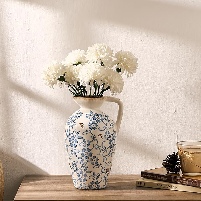 Blue-and-White Porcelain Antique Vase, 8.9 Inch Vintage Chinoiserie Floral Vase, Rustic Ceramic Vase for Home Decor, Living Room, Bookshelf, Office, Entryway, Garden, Chinoiserie Decor, Tuscan Decor