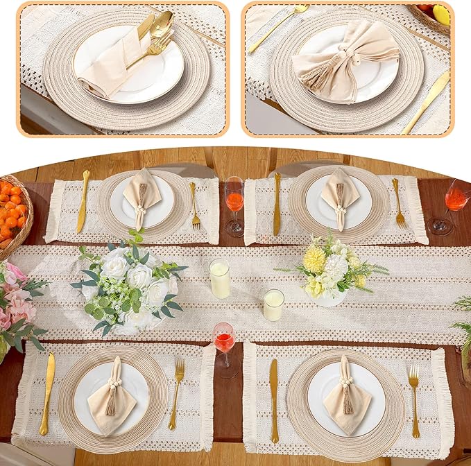 6 Sets Boho Place Mats Set Round Woven Placemats, Cloth Napkins, Wood Bead Napkin Rings, White Table Runner with Tassel and Farmhouse Rustic Placemats Cotton Burlap for Kitchen Table Decor