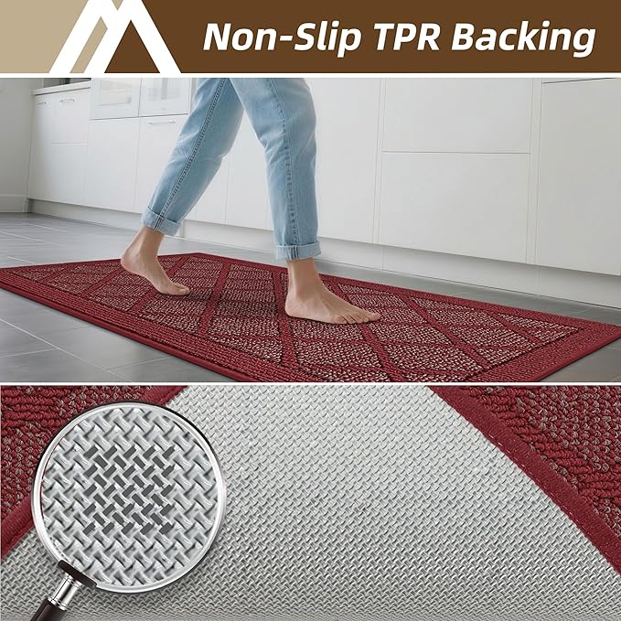 COSY HOMEER Kitchen Mats, 2 PCS Kitchen Rug Non Slip Washable, Absorbent Runner Rugs for Kitchen Floor, 100% Polypropylene Kitchen Sink Rug 20"x32" + 20"x48"(Red)