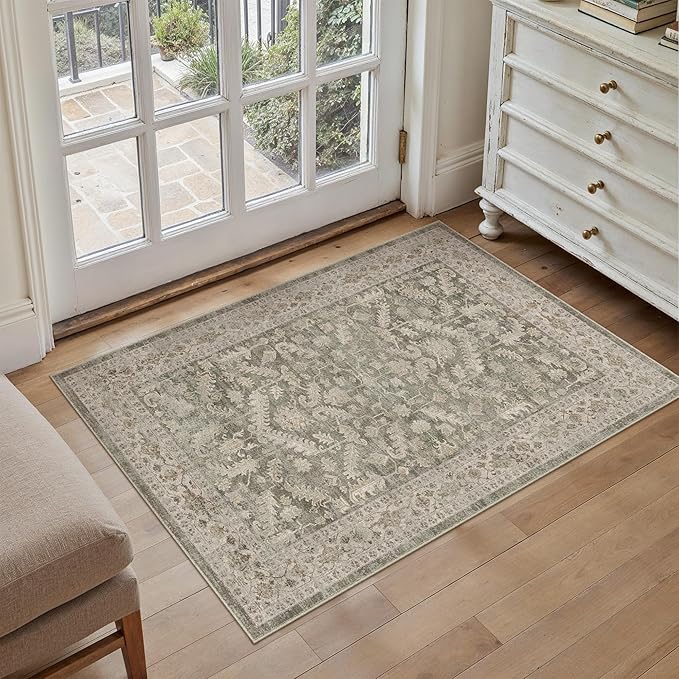 PureCozy Brown 2x3 Entryway Rug Vintage Area Carpet Indoor Kitchen Washable Door Mat Entrance Small Low Pile Traditional Distressed Retro Accent Throw Rug Non Slip Office Bathroom