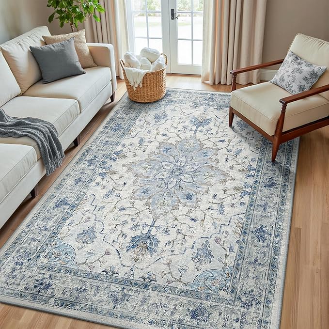 RELEANY Area Rugs 5'x8' Washable Non-Slip, Floral Vintage Distress Print Pattern Medallion Carpet for Living Room Bedroom Dining Room, Light Blue Navy Beige Gray White