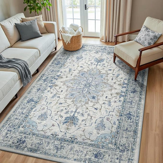 RELEANY Area Rugs 5'x8' Washable Non-Slip, Floral Vintage Distress Print Pattern Medallion Carpet for Living Room Bedroom Dining Room, Light Blue Navy Beige Gray White