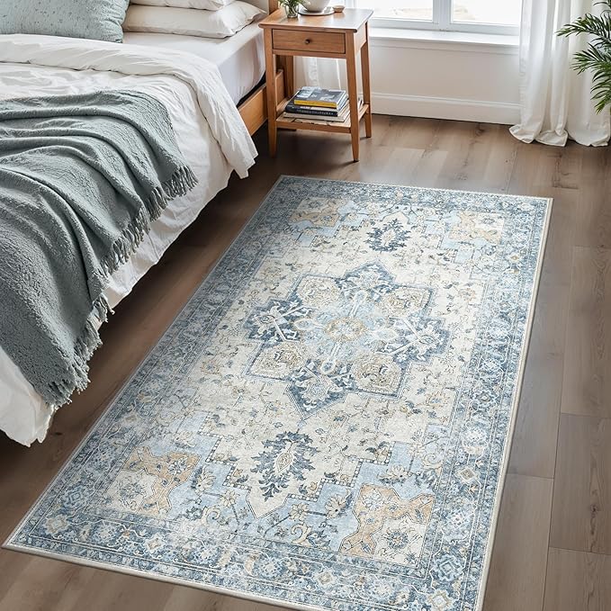 BESBLEE 4x6 Area Rugs for Living Room, Machine Washable Rug, Non Slip Vintage Rugs, Low Pile Lightweight Print Rug for Bedroom, Dining Room, Home Office, Blue