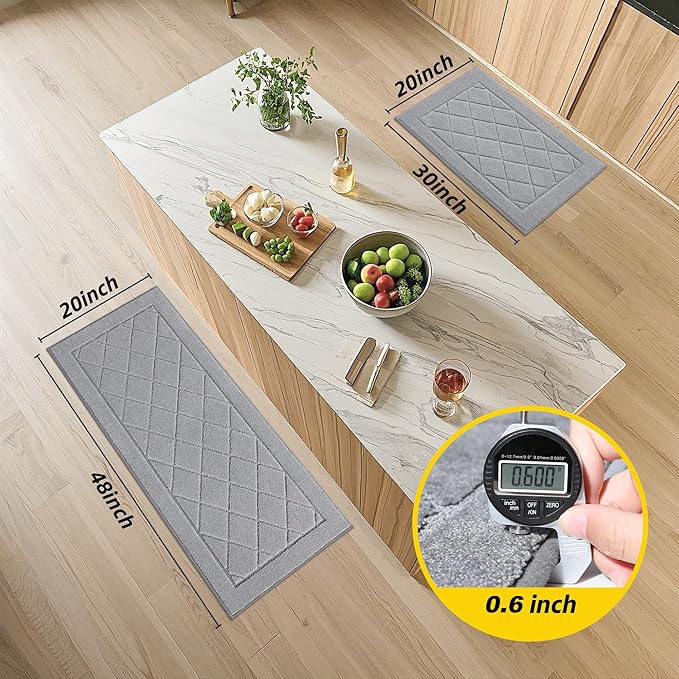 JSEI Non-Slip Kitchen Rugs, Self Adhesive No Sliding Kitchen Mats Set of 2, Soft Washable Absorbent Floor Mat for Kitchen, Bathroom, Laundry Room, Bedroom, 20”x32”+32”x48”, Light Grey, Diamond Pattern
