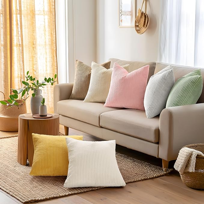 Mecatny Corduroy Decorative Throw Pillow Covers 22x22 Set of 2 for Sofa Living Room, Soft Neutral Boho Couch Pillow Covers for Home Decor, Sage Green