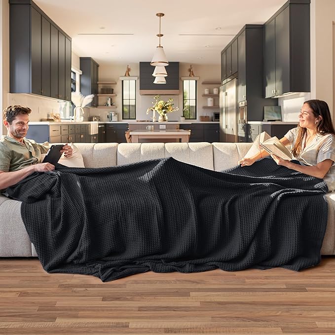 Bedsure Gentlesoft 100% Cotton Blanket King Size for Bed - Breathable and Soft for Spring Summer, Thick Cozy Waffle Weave Blanket Gifts for Women, Black, 104x90 inches