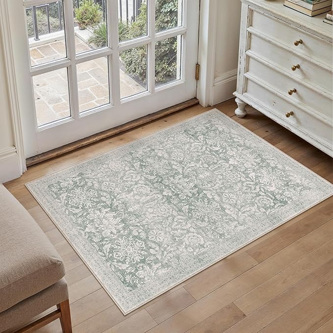 PureCozy Green 2x3 Entryway Area Rug Washable Vintage Door Mat Indoor Non Slip Low Plie Soft Carpet Retro Accent Throw Small Rug for Bathroom Bedroom Office Dining Living Room