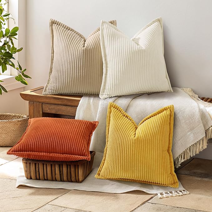 decorUhome Spring Corduroy Mustard Yellow Throw Pillow Covers 18x18 Set of 2 Decorative Soft Boho Farmhouse Couch Pillow Covers for Living Room Bed Sofa Broadside Striped Pillow Cases