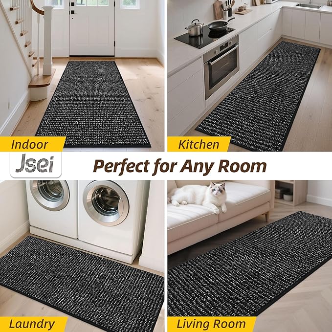 JSEI Dirt Trapper Door Mat 24"x60" Non-Slip Washable Entrance Mat, Dog Doormats, Absorbent & Fade-Resistant Floor Mats, Low Profile Welcome Mats for Entryway, Front Door, and Inside Entrance, Black