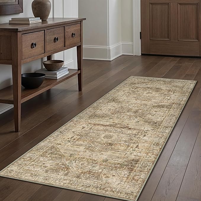 PureCozy Brown Multi Hallway Runner Rug 2x5 Vintage Washable Distressed Area Carpet Kitchen Indoor Non Slip Traditional Medallion Retro Accent Throw Rug for Bedroom Laundry Office Dining Living Room