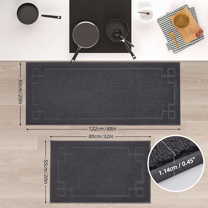 BEQHAUSE Kitchen Rugs Non-Slip Washable [2 PCS], Machine Washable Kitchen Mats Absorbent Soft Kitchen Runner Rugs for Floor,Sink,Hallway,Laundry,20”x32”+20”x48”, Dark Grey