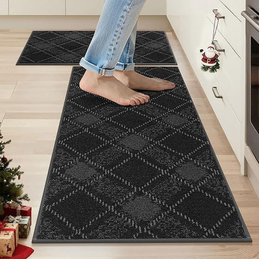 COSY HOMEER Kitchen Rugs and Mats Sets 2PCS Non-Slip Soft Kitchen Mats for Floor Absorbent and Stain Resistant Kitchen Floor Mat Washable Plaid Rugs for Kitchen,20"x32"+20"x48",Dark Grey