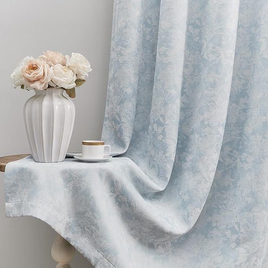 Beauoop Blue Floral Jacquard Blackout Curtains 96 Inches Long 2 Panels for Bedroom Living Room Chenille Flower Room Darkening Thermal Insulated Soundproof Rod Pocket Back Tab Window Drapes, 52x96