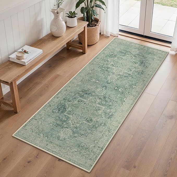 BESBLEE Runner Rug 2'6''x6 Non Slip Machine Washable Vintage Hallway Runner Rug, Low PileLight Weight Rugs for Entryway, Hallway, Kitchen and Corridor, Green