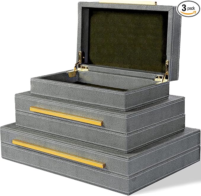 XINSTAR Faux Dark Grey Shagreen Leather Decorative Boxes,Decorative Storage Boxes With Lids 3 Pcs Set,Storage Boxes Jewelry Organizer,Women'S Accessory Organizer Men'S Jewelry Organizer