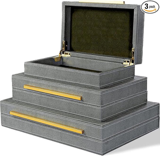 XINSTAR Faux Dark Grey Shagreen Leather Decorative Boxes,Decorative Storage Boxes With Lids 3 Pcs Set,Storage Boxes Jewelry Organizer,Women'S Accessory Organizer Men'S Jewelry Organizer