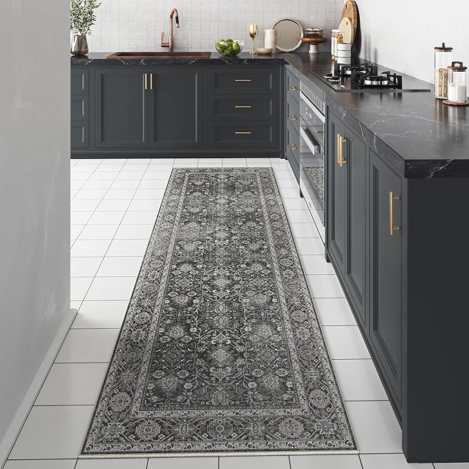 PureCozy Black Runner Rug 3x8 Vintage Area Carpet Hallway Long Indoor Kitchen Washable Living Room Low Pile Traditional Distressed Retro Accent Throw Rug Non Slip Laundry Bathroom Office Dining Room