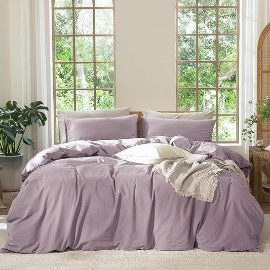 MooMee Bedding Duvet Cover Set 100% Washed Cotton Linen Like Textured Breathable Durable Soft Comfy (Solid Taro Purple, Oversized Queen 98"x98")
