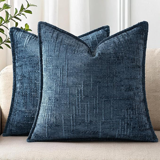 decorUhome Chenille Throw Pillow Covers 16x16 Set of 2, Thick Textured Slubby Neutral Decorative Pillow Covers with Elegant Design for Couch, Sofa, Living Room, Navy Blue