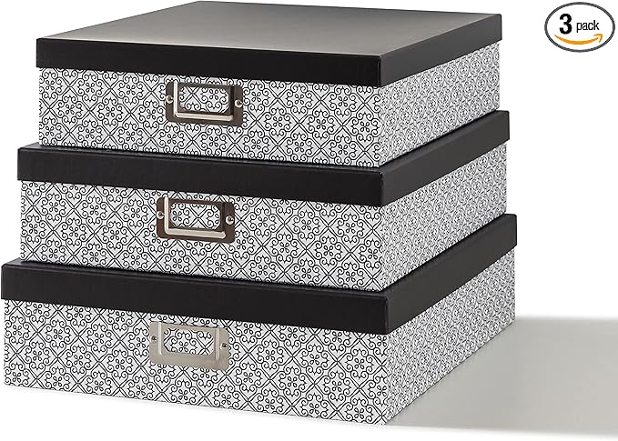 SLPR Black and White Decorative Cardboard Boxes with Lids, Set of 3 Nesting Paperboard Scrapbook Storage, Memory Boxes for Keepsakes, Photos, Letter Papers, Documents