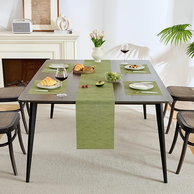 Leetaltree Pea Green Table Runner and Placemats Set of 5, Heat Resistant Non-Slip Place mats for Dining Table, Washable Durable PVC Vinyl Woven Table Mats Set
