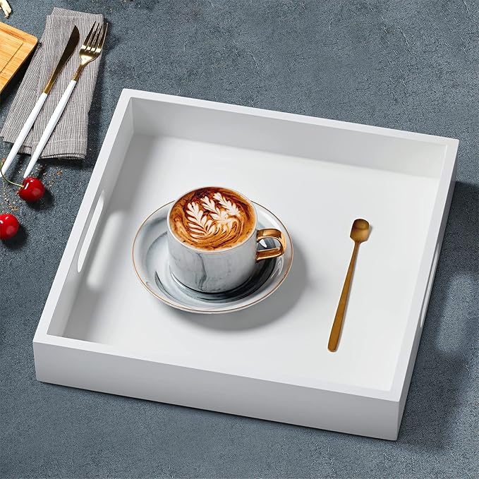 White Wooden Serving Tray with Handles, 12"x12"x2"H Square Countertop Organizer Tray， Decorative Cosmetics Trays for Kitchen, Bathroom, Sturdy Food Trays for Breakfast, Tea