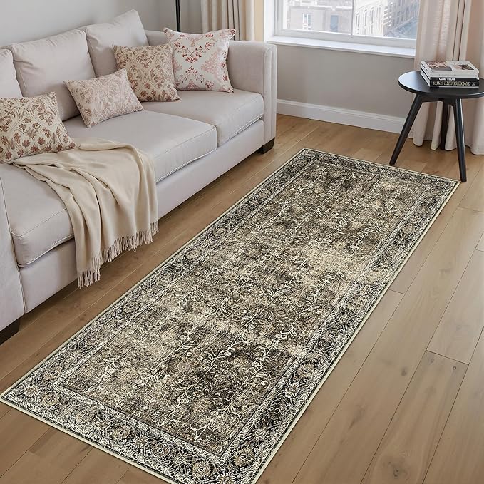 PureCozy Brown Runner Rug 2x7 Vintage Area Carpet Hallway Long Indoor Kitchen Washable Living Room Low Pile Traditional Distressed Retro Accent Throw Rug Non Slip Laundry Bathroom Office Dining Room
