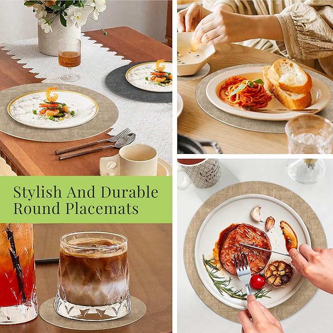 13-Inch Faux Leather Round Placemats Set of 4, Waterproof Anti-Slip Dual Sided Place mats, Heat Resistant Washable Table Mats with Coaster, Suitable for Indoor & Outdoor (4, Black Light Coffee)