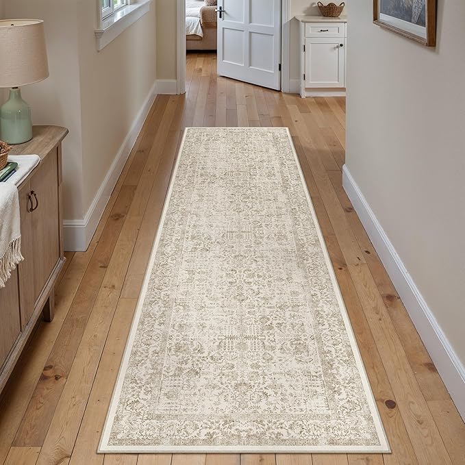 PureCozy Light Brown Runner Rug 2x7 Hallway Machine Washable Kitchen Vintage Distressed Non Slip Long Carpet Indoor Retro Floral Bedroom Accent Throw Rug for Bathroom Office Laundry Dining Room