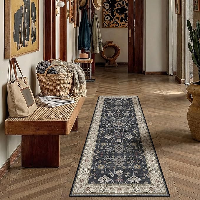 PureCozy Black 2x6 Runner Rug Washable Hallway Vintage Carpet Small Indoor Kitchen Non Slip Low Pile Thin Soft Stain Resistant Accent Throw Rug for Laundry Bathroom Bedroom Living Room