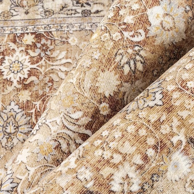 HUGEAR 2x3 Small Rug Machine Washable Area Rug Brown Beige Entryway Rugs Entrance Door Mat Indoor Floral Low Pile Carpet Distressed Throw Rugs Kitchen Bedroom Office Non Slip