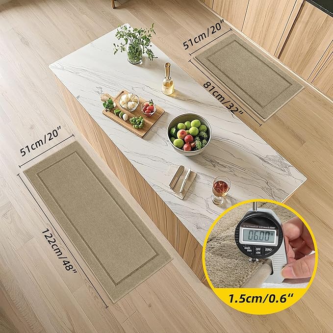JSEI Non-Slip Kitchen Mats, Self Adhesive No Sliding Kitchen Rugs Set of 2, Washable Absorbent Floor Mat for Kitchen, Bathroom, Laundry Room, Bedroom, 20”x32”+32”x48”, Beige, Rectangular Pattern