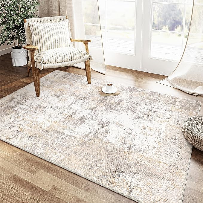 WondRg 3x5 Washable Area Rug Beige Grey Abstract Entryway Office Throw Rug Neutral Modern Non Slip Soft Low Pile Small Carpet for Kitchen Living Room Bedroom Entrance