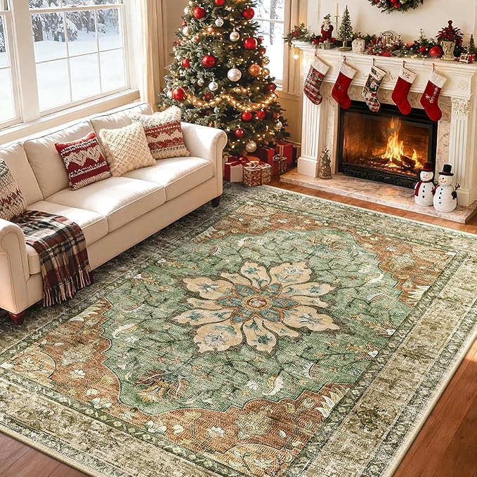 RELEANY Area Rugs 6'x8' Washable Non-Slip, Floral Vintage Distress Print Pattern Medallion Carpet for Living Room Bedroom Dining Room, Brick Red Rust Neutral Brown Burnt Orange Green