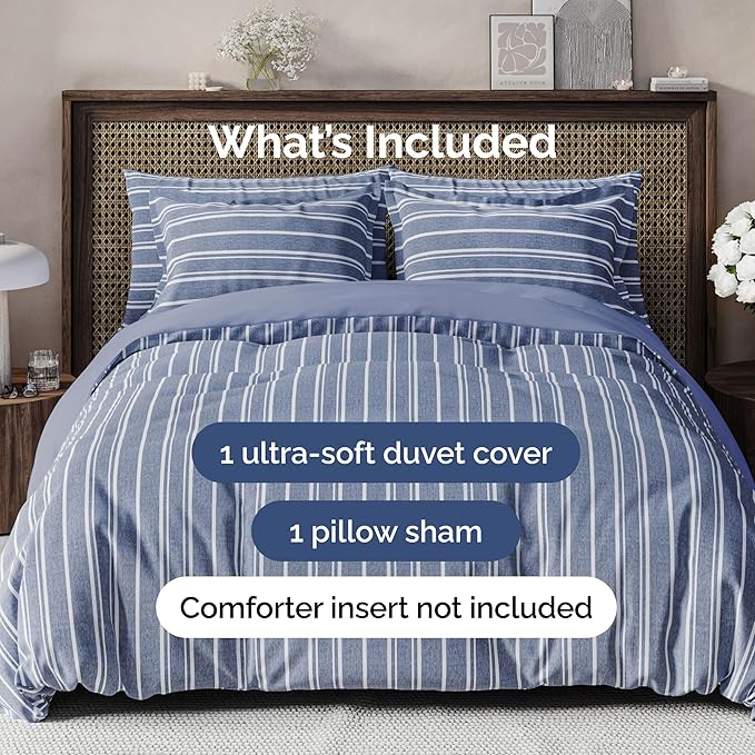 Duvet Cover Twin/Twin XL Size Set - Extra Soft Duvet Cover 68 x 90 with 1 Pillow Sham - Hotel Luxury, Easy Care and Fade Free w/ Zipper Closures & Ties - Comfy, Breathable Bedding Set (Blue Stripes 3)
