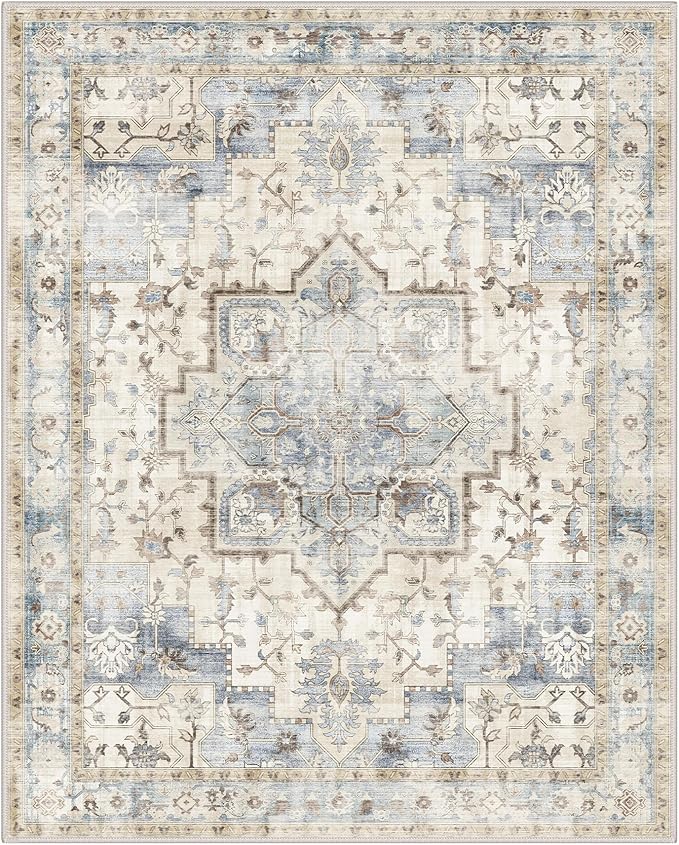 GENIMO 5x7 Area Rugs for Living Room, Machine Washable Rug, Non Slip Indoor Vintage Rug, Low Pile Lightweight Chenille Print Carpet for Bedroom Dining Room Home Office, Mint Sage