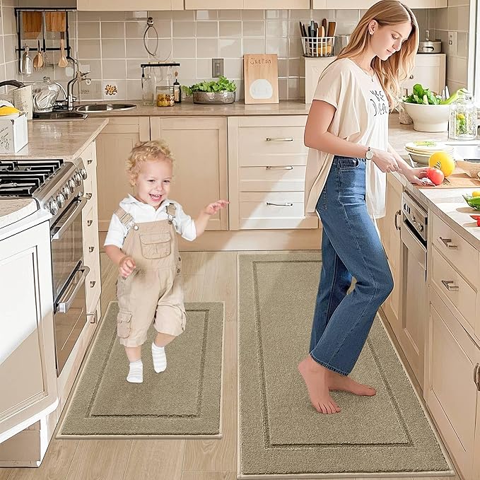 JSEI Non-Slip Kitchen Mats, Self Adhesive No Sliding Kitchen Rugs Set of 2, Washable Absorbent Floor Mat for Kitchen, Bathroom, Laundry Room, Bedroom, 24”x36”+24”x60”, Beige, Rectangular Pattern