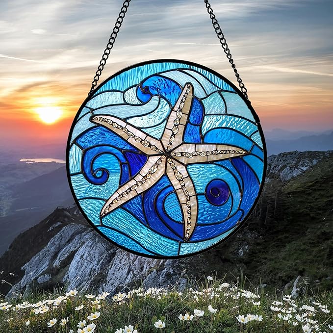 Stained Glass Window Hanging 4 Pcs Set Blue Ocean Waves 6.3" - Starfish Crab Seal Suncatcher Door Garden Sun Catcher Decor Birthday for Mom Woman Nana Men Friend