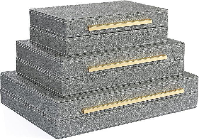 XINSTAR Faux Dark Grey Shagreen Leather Decorative Boxes,Decorative Storage Boxes With Lids 3 Pcs Set,Storage Boxes Jewelry Organizer,Women'S Accessory Organizer Men'S Jewelry Organizer