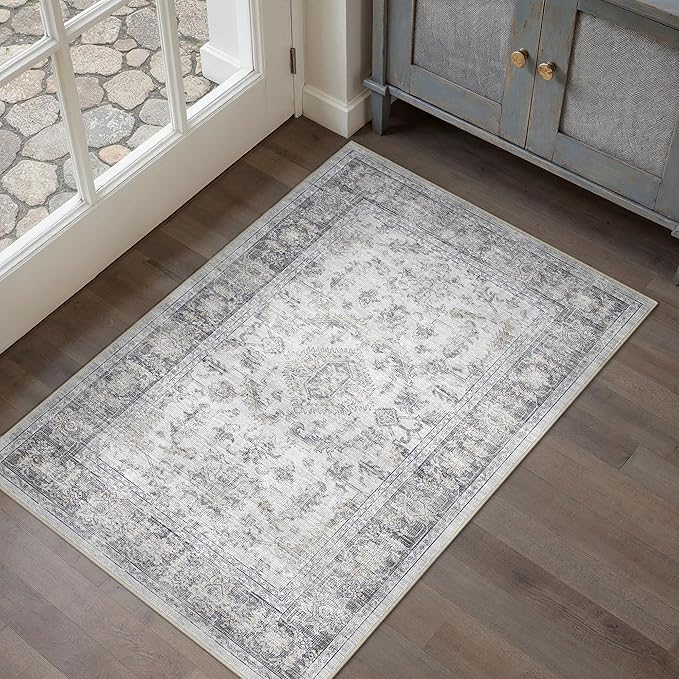 PureCozy 2x3 Grey Entryway Rug Vintage Area Carpet Indoor Kitchen Washable Door Mat Entrance Small Low Pile Traditional Distressed Retro Accent Throw Boho Rug Non Slip Office Bathroom