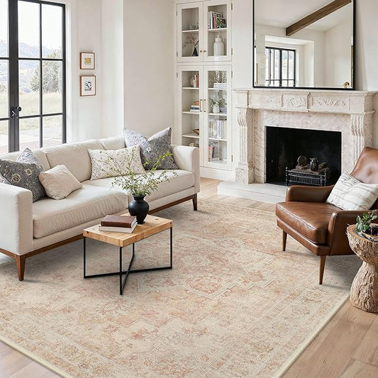BESBLEE 5x7 Area Rugs for Living Room, Machine Washable Rug, Non Slip Vintage Rugs, Low Pile Lightweight Print Rug for Bedroom, Dining Room, Home Office, Pink