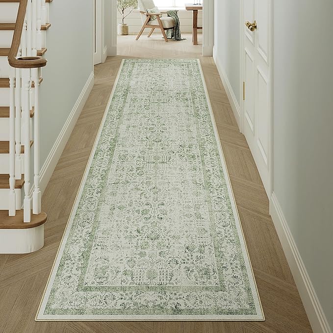 PureCozy Runner Rug 2x8 Sage Green Hallway Washable Vintage Distressed Kitchen Carpet Non Slip Neutral Low Pile Retro Floral Farmhouse Long Throw Rug Entryway Bathroom Office Laundry Dining Room