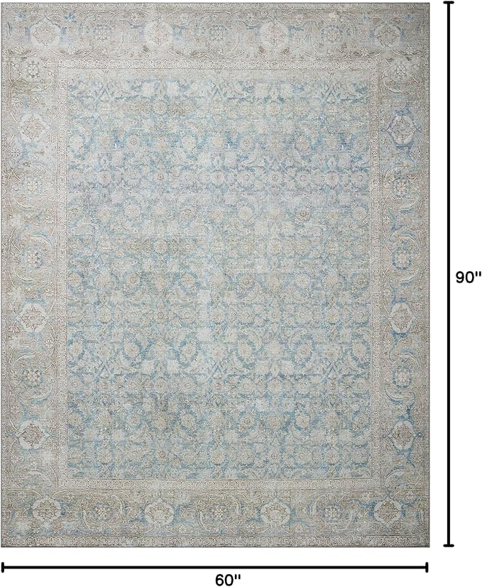 Loloi Wynter Collection WYN-10 Ocean/Silver 5'-0" x 7'-6" Area Rug, .13" Thick, Area Rug, Soft, Durable, Printed, Vintage Inspired, Low Pile, Non-Shedding, Easy Clean, Living Room Rug