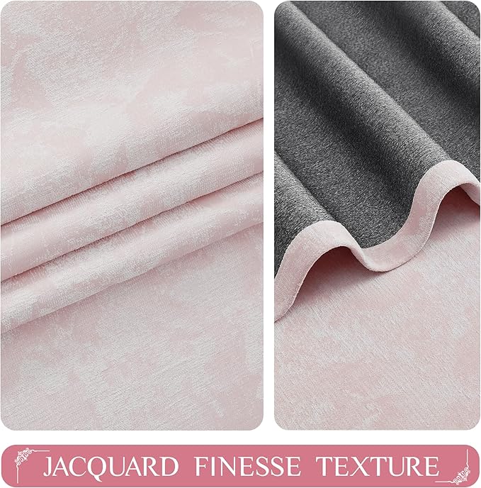 Beauoop Pink Floral Jacquard Blackout Curtains 63 Inches Long 2 Panels for Girls Bedroom Living Room Chenille Flower Room Darkening Thermal Soundproof Rod Pocket Back Tab Window Drapes, 52x63